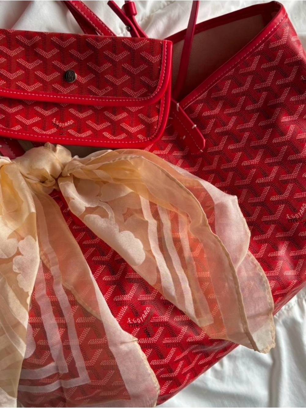 Goyard Red Patterned Tote with Cream Scarf